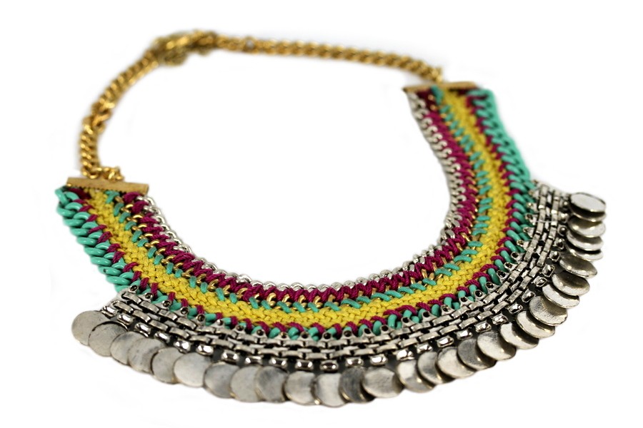 collier vintage ethnique en métal doré, corde, à définir