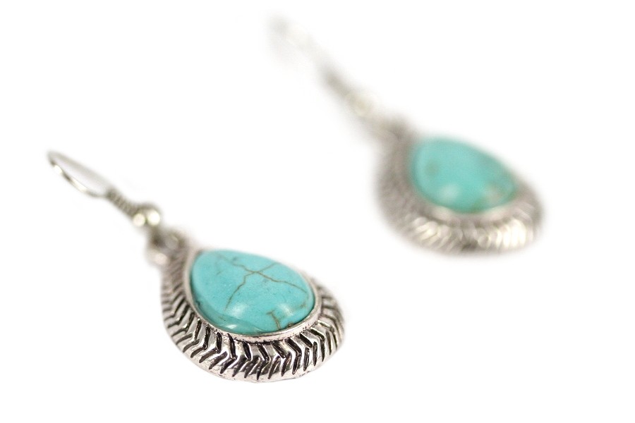 Boucles D'oreilles Pendantes Argentées Avec Pierres Turquoise Et Strass - Métal Acier Inox - Neuf Avec étiquettes