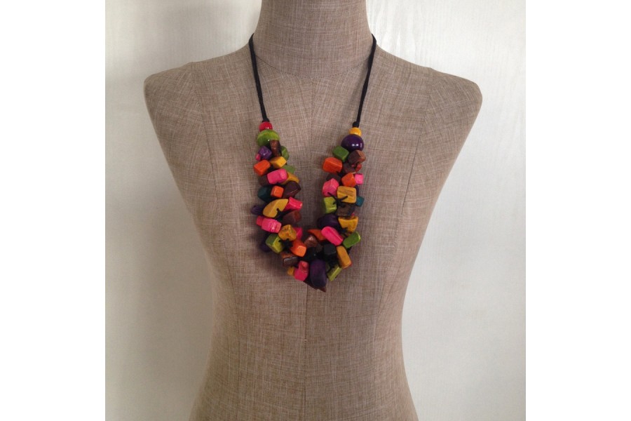 Collier Sautoir En Bois Multicolore Grand Modèle - Style Bohème Ibiza